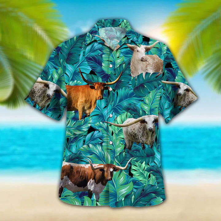 Longhorn Tropical Hawaiian Palm Leaves All Over Printed 3D Trendy Hawaiian Shirt, Summer Gift For Men And Women