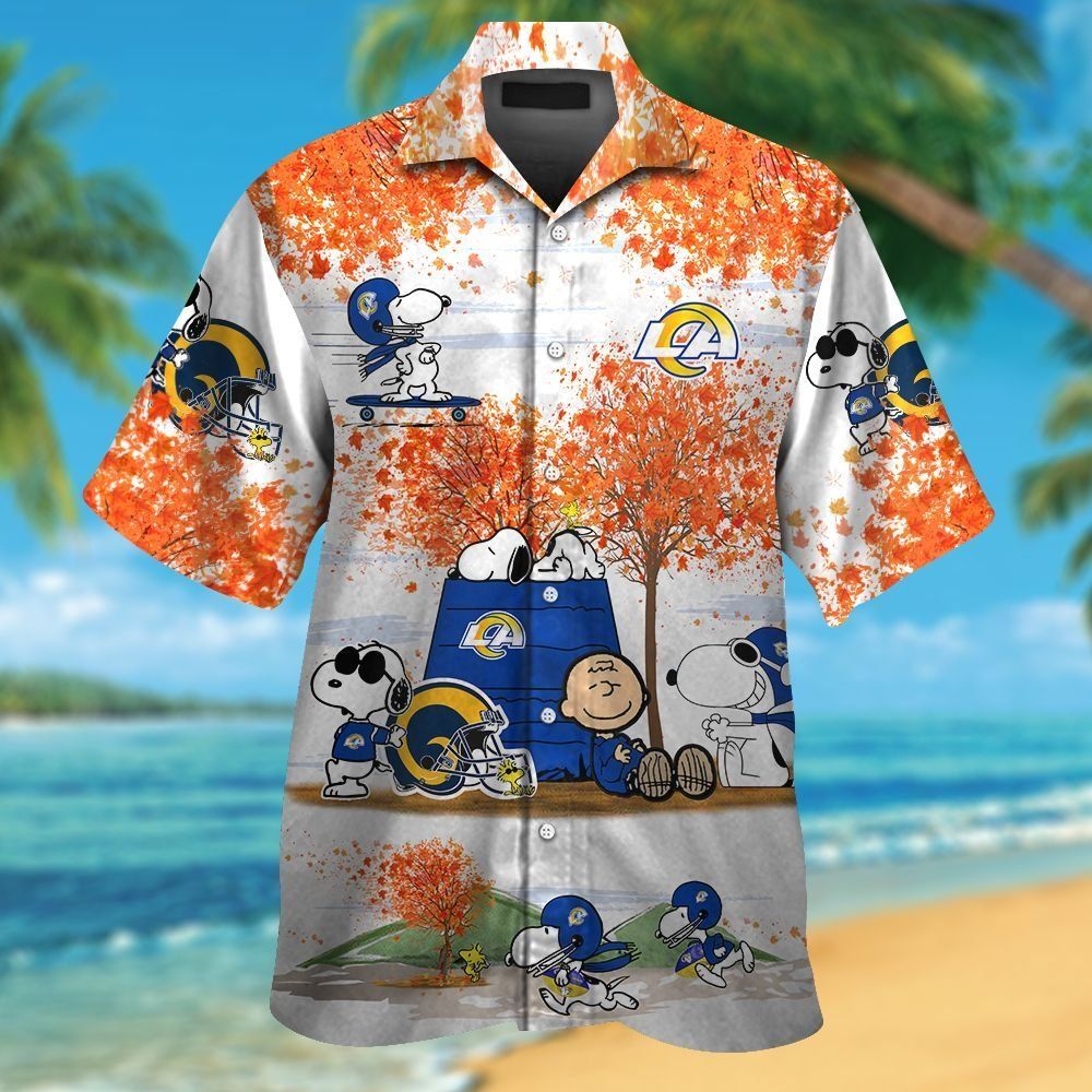 Los Angeles Rams Snoopy Autumn Short Sleeve Button Up Tropical Hawaiian Shirt