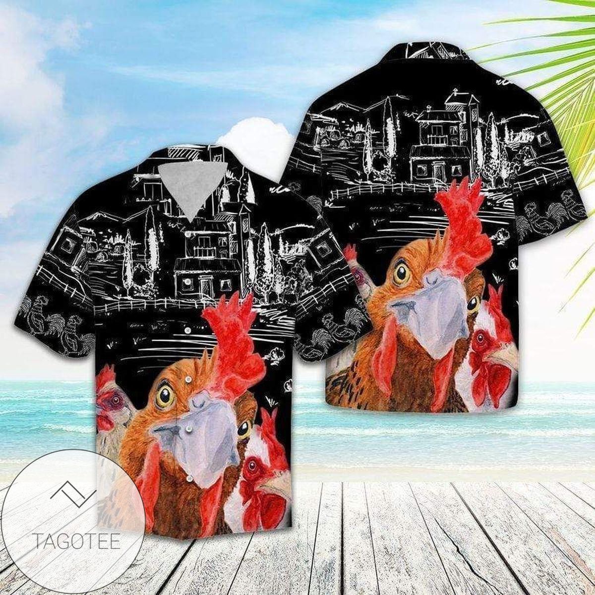 Love and Laughter Expressed via Rooster Art on Hawaiian Shirt