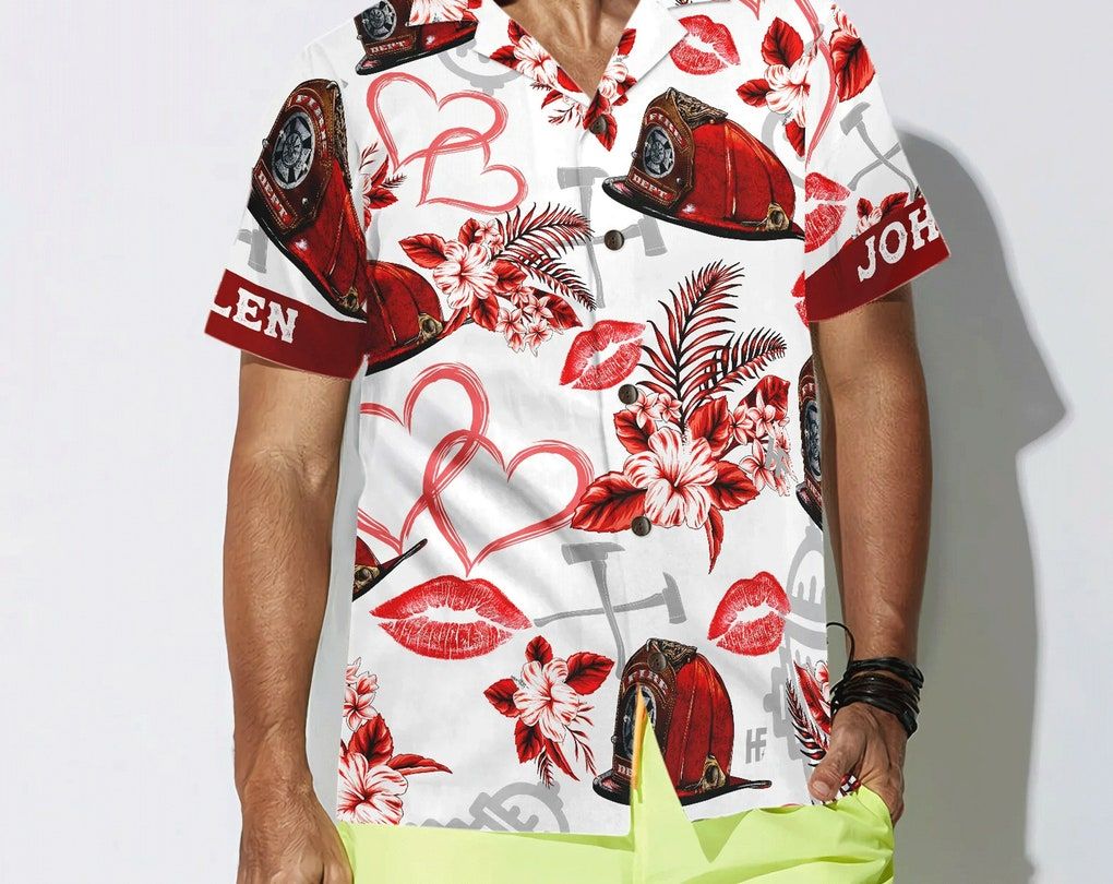 Love Firefighter Helmet Valentine Custom Trendy Hawaiian Shirt, Personalized Pink Heart Red Floral Firefighter Trendy Hawaiian Shirt For Men, Summer Party