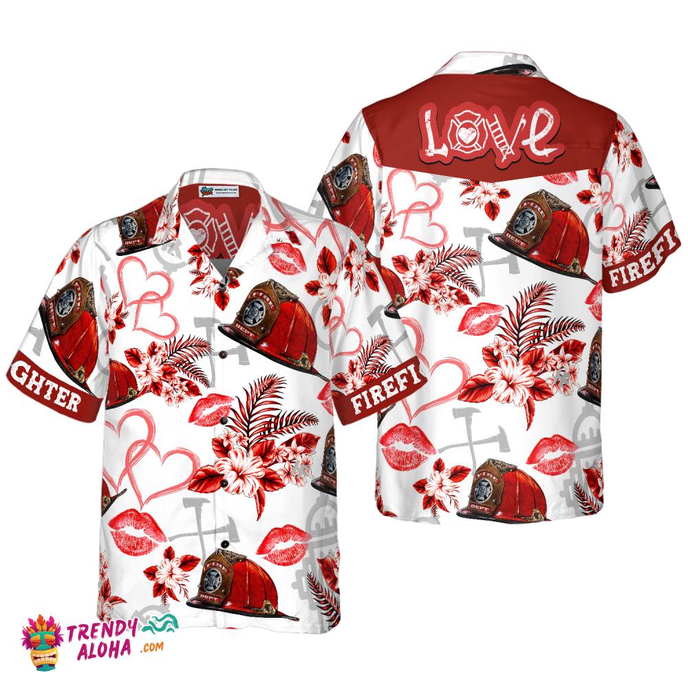 Love Firefighter Helmet Valentine Hawaiian Shirt, Pink Heart Red Floral Firefighter Hawaiian Shirt For Men
