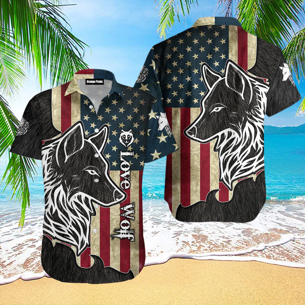 Love Wolf Black America Flag Trendy Hawaiian Shirt For
