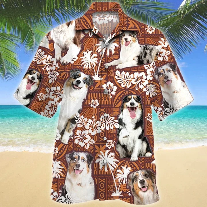 Lovely Design Australian Shepherd Dog Red Tribal Pattern Trendy Hawaiian Shirt Lovely Design Australian Shepherd Dog Red Tribal Pattern Trendy Hawaiian Shirt