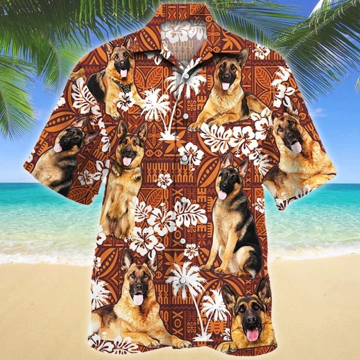Lovely German Shepherd Dog Lovers Red Tribal Pattern Trendy Hawaiian Shirt Lovely German Shepherd Dog Lovers Red Tribal Pattern Trendy Hawaiian Shirt