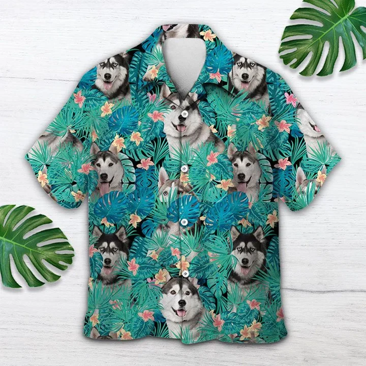 Lovely Siberian Husky In Tropical Palm Leaves Summer Trendy Hawaiian Shirt Lovely Siberian Husky In Tropical Palm Leaves Summer Trendy Hawaiian Shirt