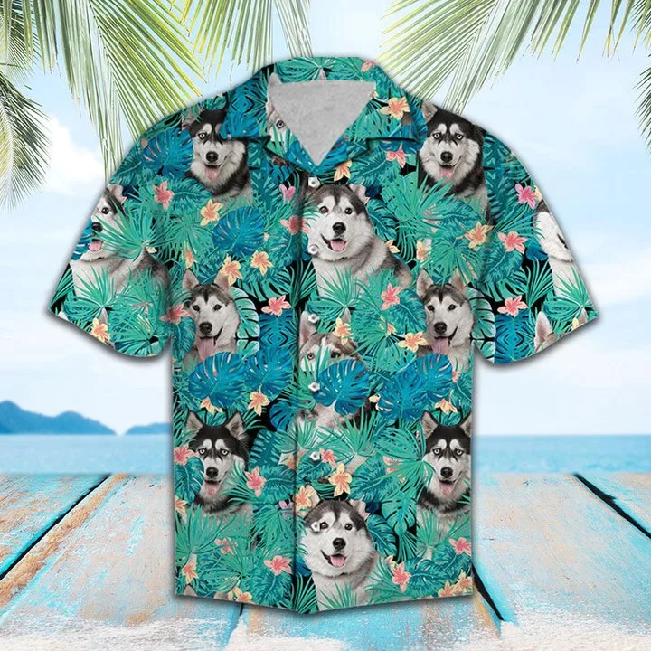 Lovely Siberian Husky In Tropical Palm Leaves Summer Trendy Hawaiian Shirt