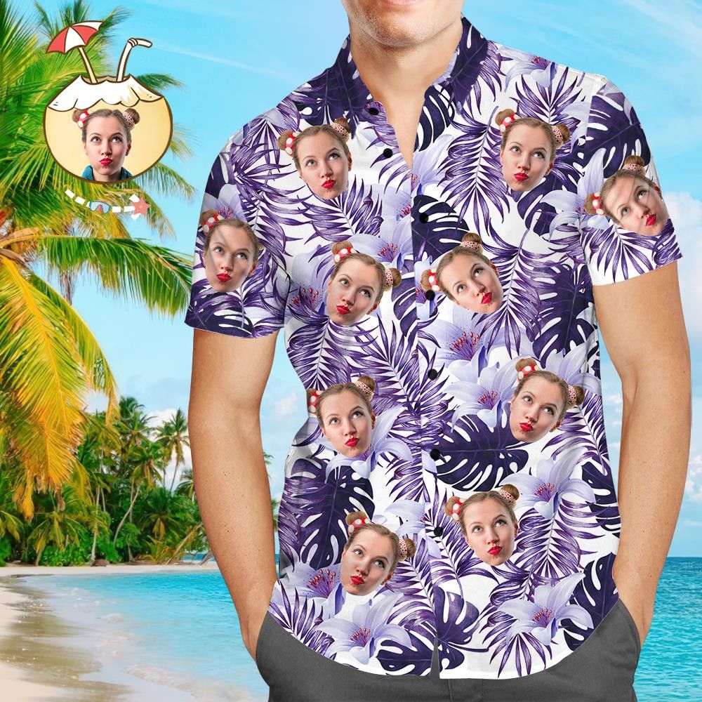 Loving Couple Purple Tropical Custom Photo Aloha Trendy Hawaiian Shirts For Men And Women
