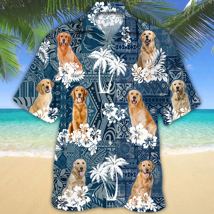 Loyal Golden Retriever Stance on Hawaiian Shirt