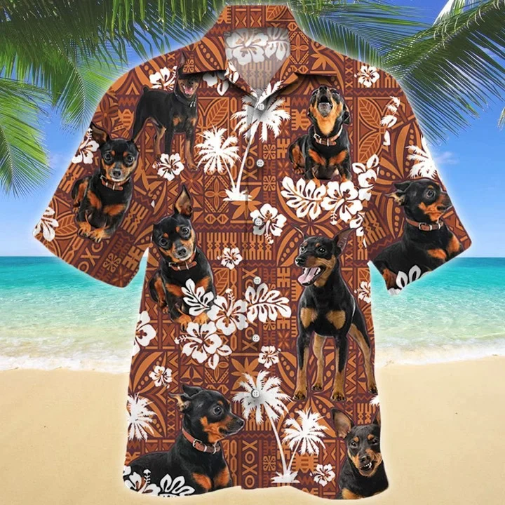 Loyal Miniature Pinscher Dog On Red Tribal Pattern Trendy Hawaiian Shirt Loyal Miniature Pinscher Dog On Red Tribal Pattern Trendy Hawaiian Shirt