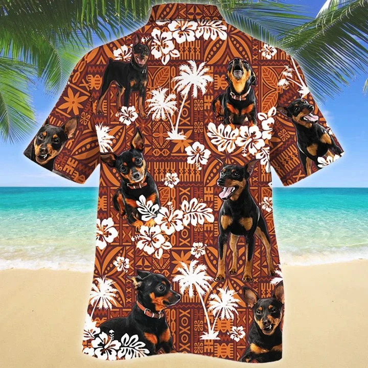 Loyal Miniature Pinscher Dog On Red Tribal Pattern Trendy Hawaiian Shirt