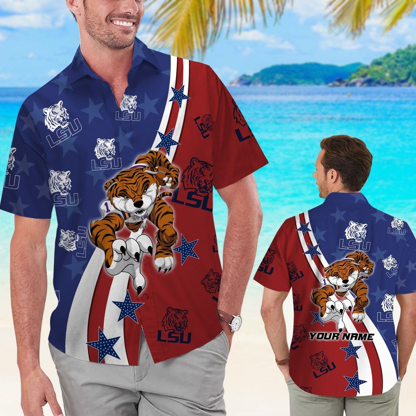 LSU Tigers American Flag Name Personalized Tropical Hawaiian Shirts