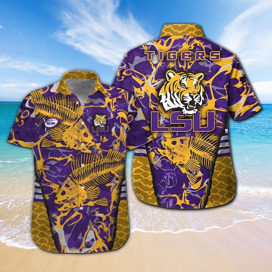 LSU Tigers Fishing Short Sleeve Button Up Tropical Hawaiian Shirt