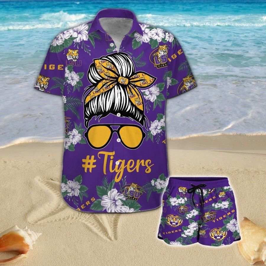 LSU Tigers Girl Messy Bun Short Sleeve Button Up Tropical Hawaiian Shirt