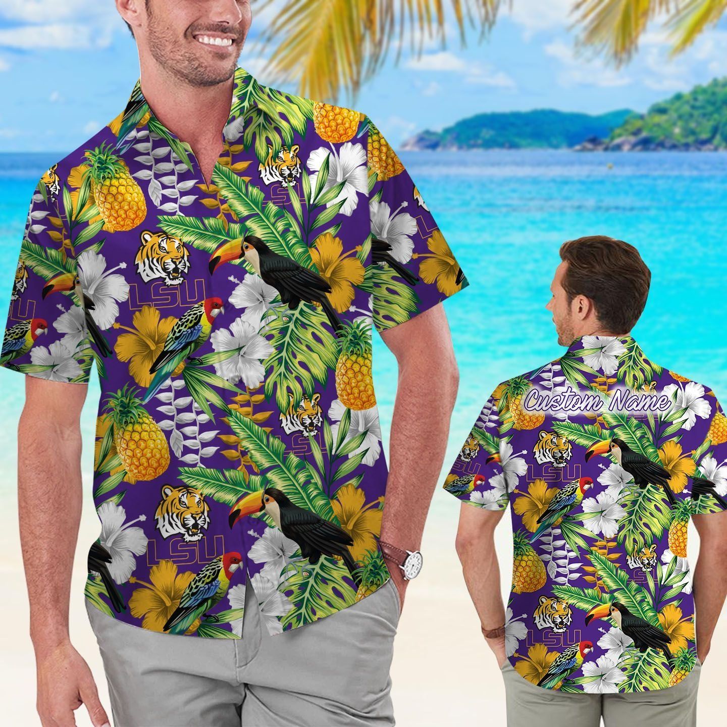 LSU Tigers Name Personalized Parrot Floral Tropical Hawaiian Shirt
