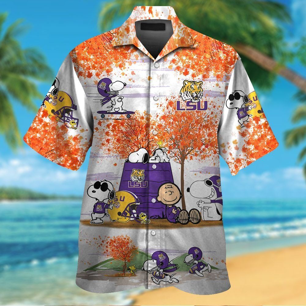 LSU Tigers Snoopy Autumn Short Sleeve Button Up Tropical Hawaiian Shirt