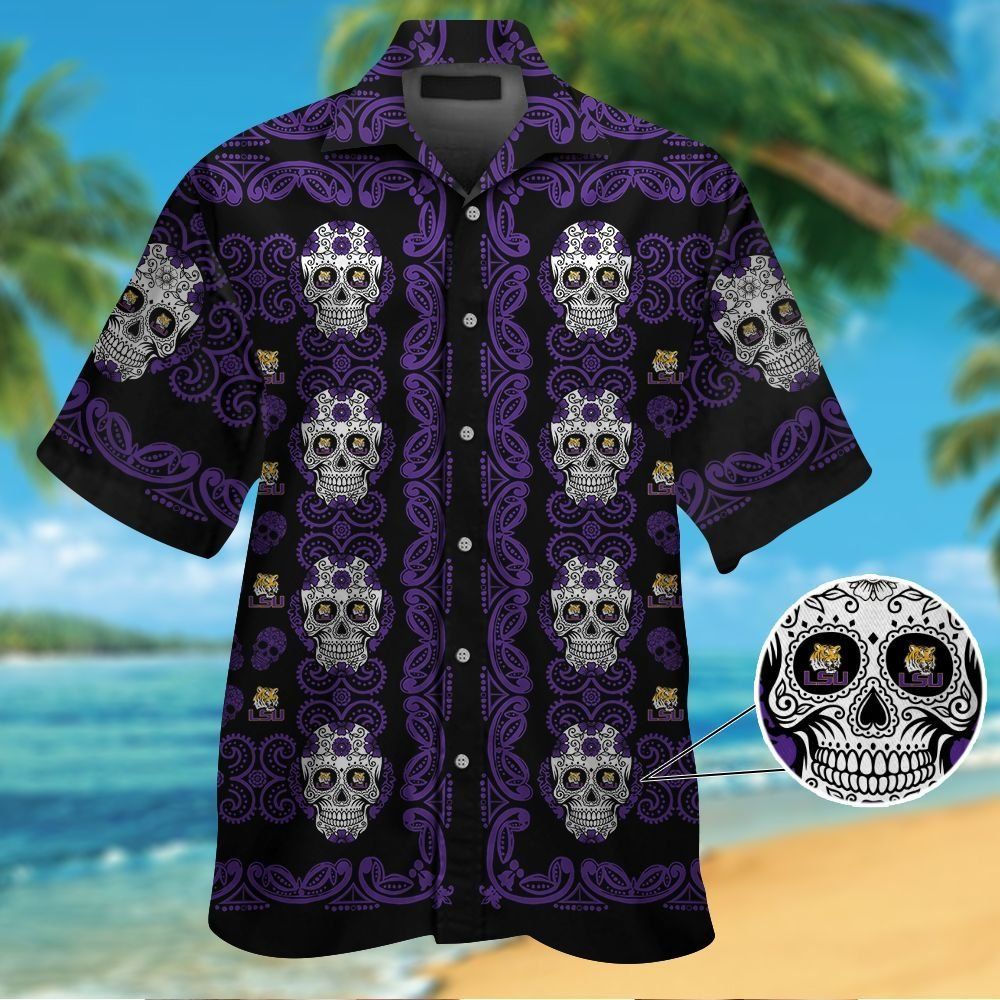 LSU Tigersskull Short Sleeve Button Up Tropical Hawaiian Shirt