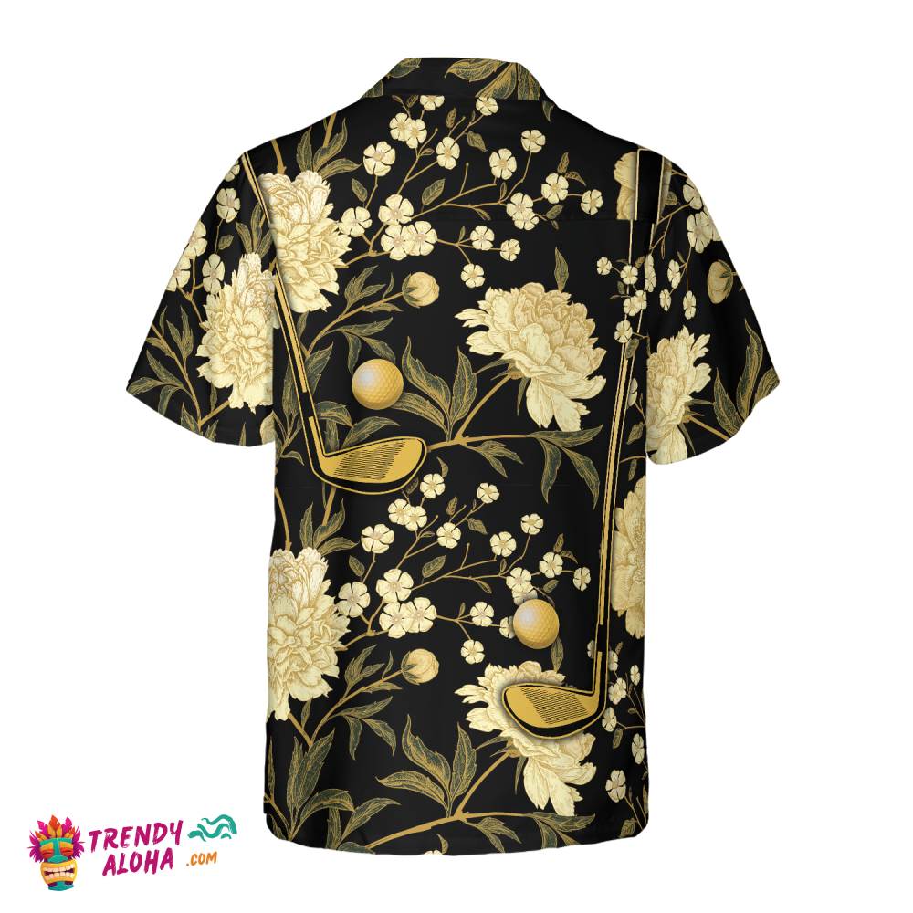 Luxury Black And Gold Floral Golf Club And Ball Hawaiian Shirt