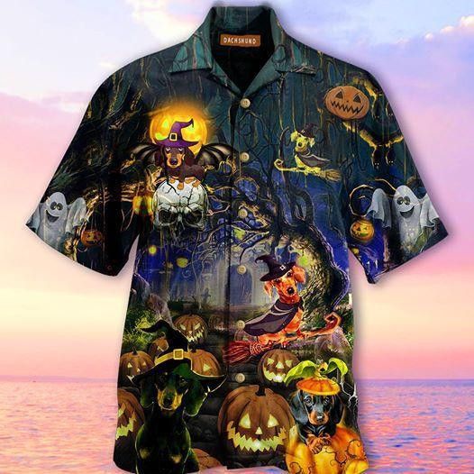 Magic Dachshund Halloween Theme on Hawaiian Shirt