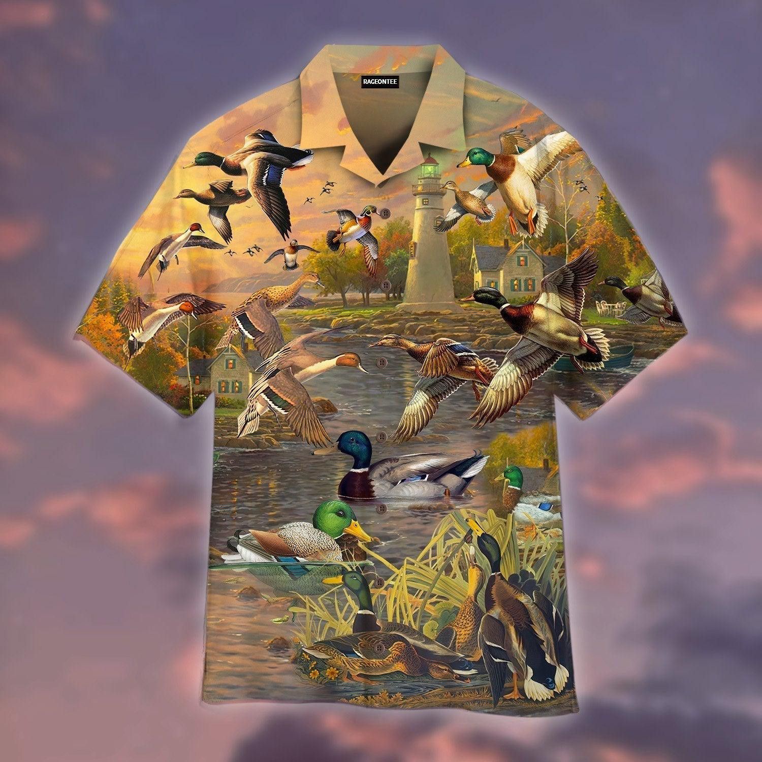 Mallard Duck Lake Sunset Hawaiian Shirt For