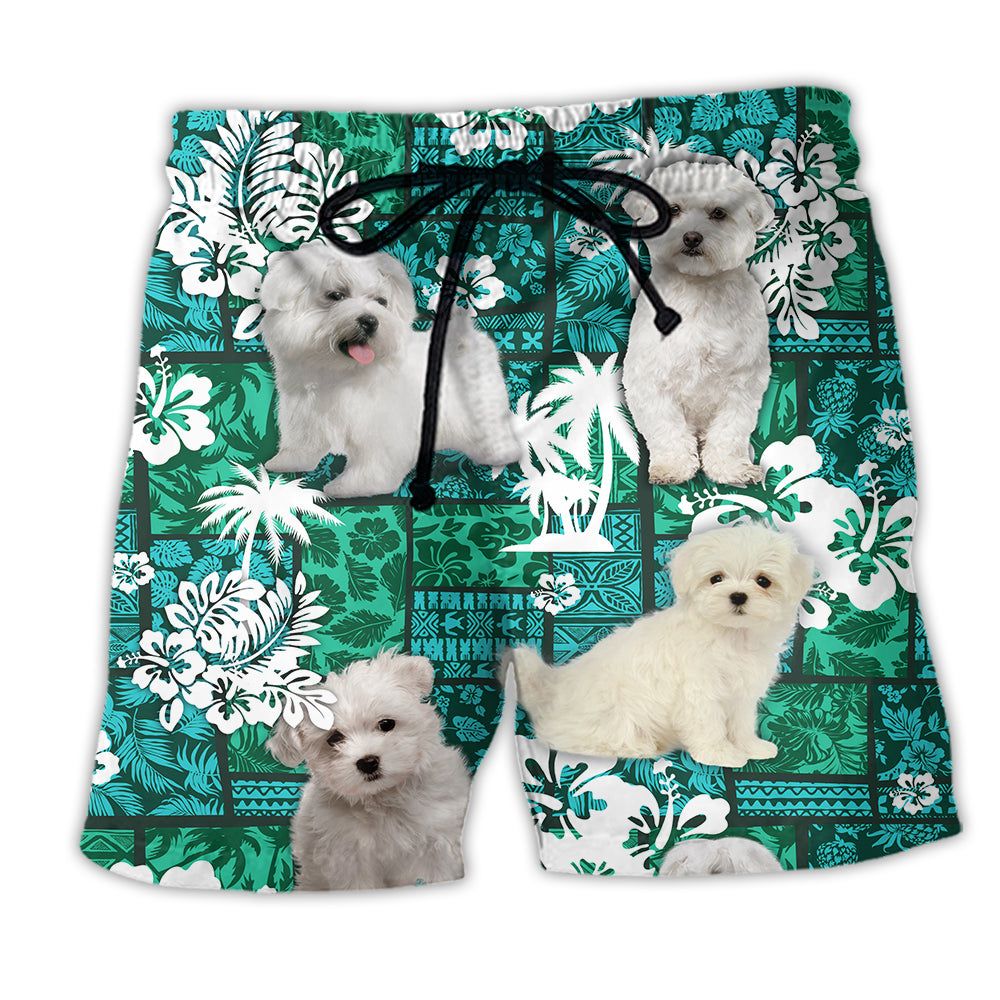 Maltese Dog Tropical Leaf Trendy Aloha Hawaiian Beach Shorts Maltese Dog Tropical Leaf Trendy Aloha Hawaiian Beach Shorts