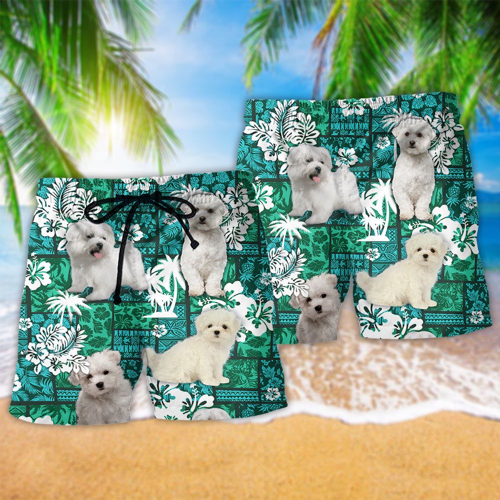 Maltese Dog Tropical Leaf Trendy Aloha Hawaiian Beach Shorts
