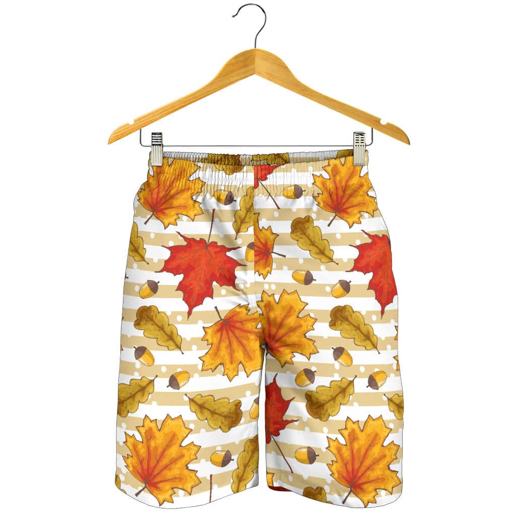 Maple Leaf Oak Leaf Acorns Beige Striped Background For Men Women Kid Shorts