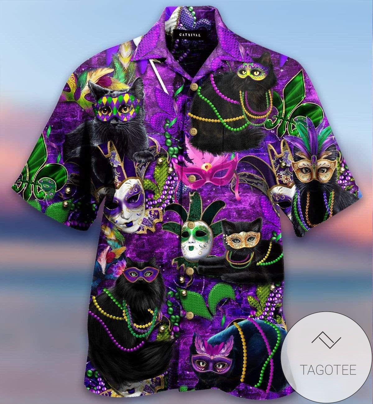 Mardi Gras Cat Celebration On A Purple Black Backdrop Hawaiian Shirt