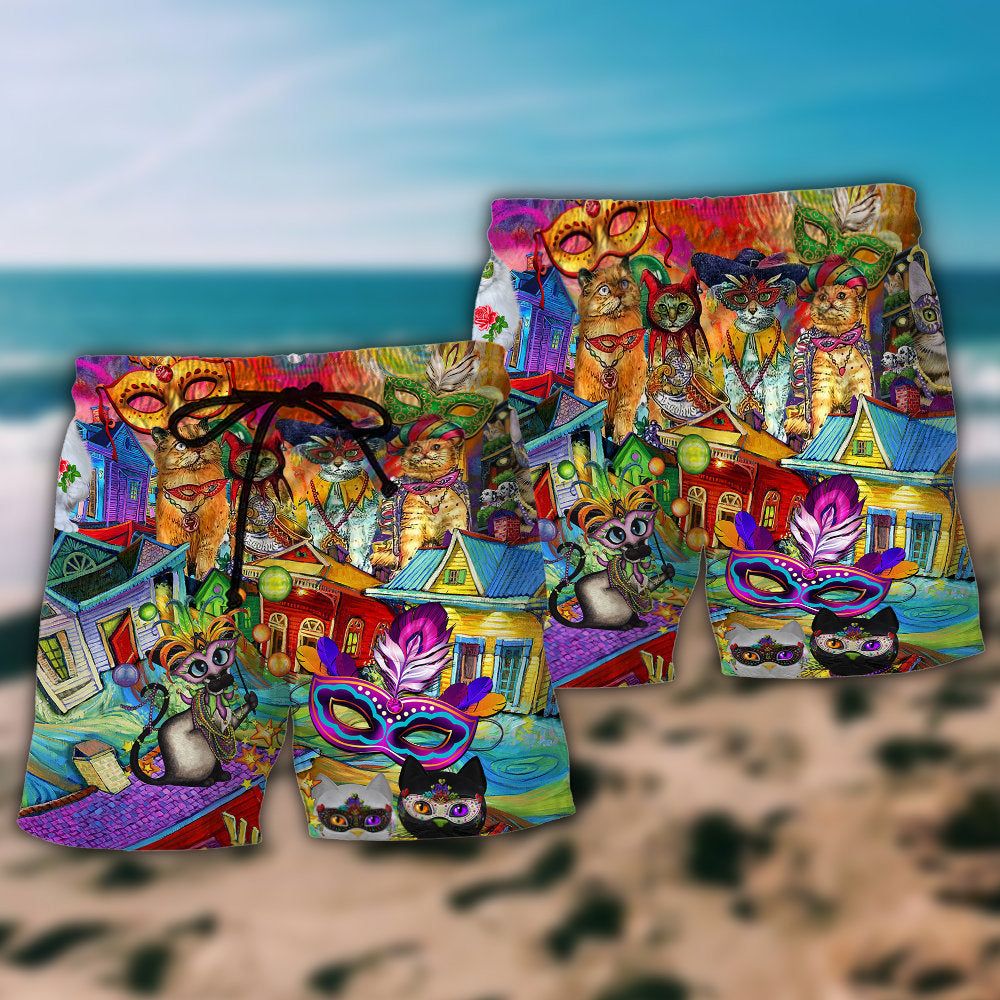 Mardi Gras Prom Lets Go Down Street With Cats Celebrate The Mardi Gras Festival Trendy Aloha Hawaiian Beach Shorts
