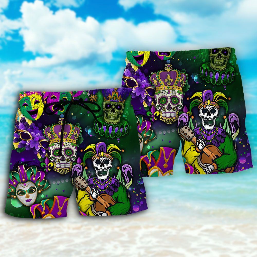 Mardi Gras Skull Art Trendy Aloha Hawaiian Beach Shorts