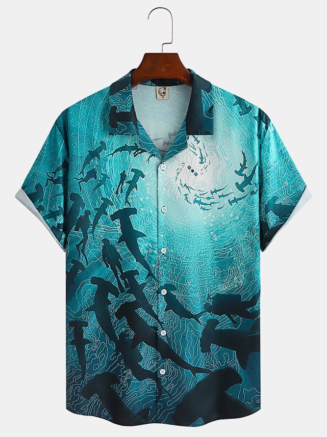 Marine Life Shark Chest Pocket Short Sleeve Hawaiian Shirt Marine Life Shark Chest Pocket Short Sleeve Hawaiian Shirt