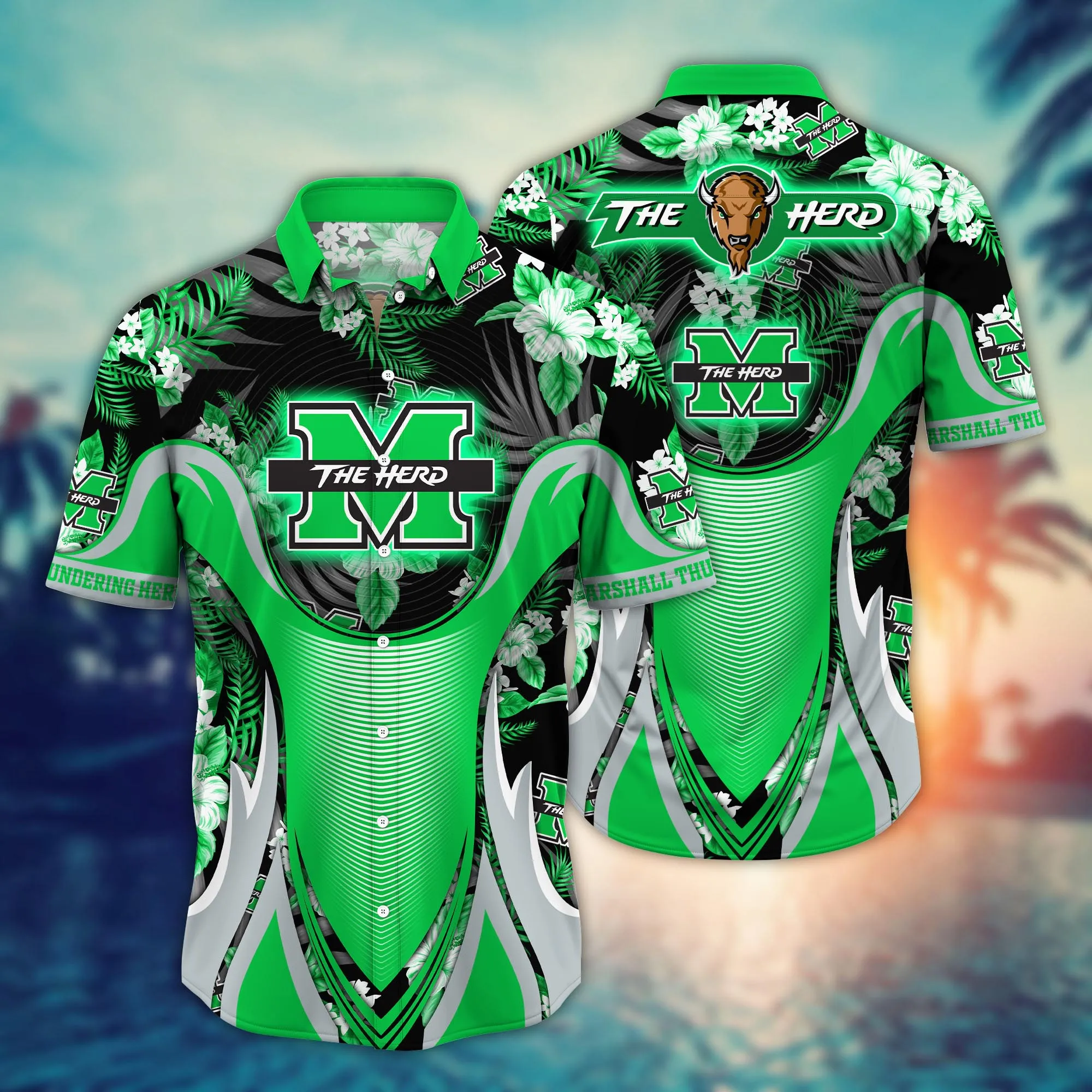 Marshall Thundering Herd NCAA Hawaiian Shirt Sun-Up Aloha Shirt Marshall Thundering Herd NCAA Hawaiian Shirt Sun-Up Aloha Shirt