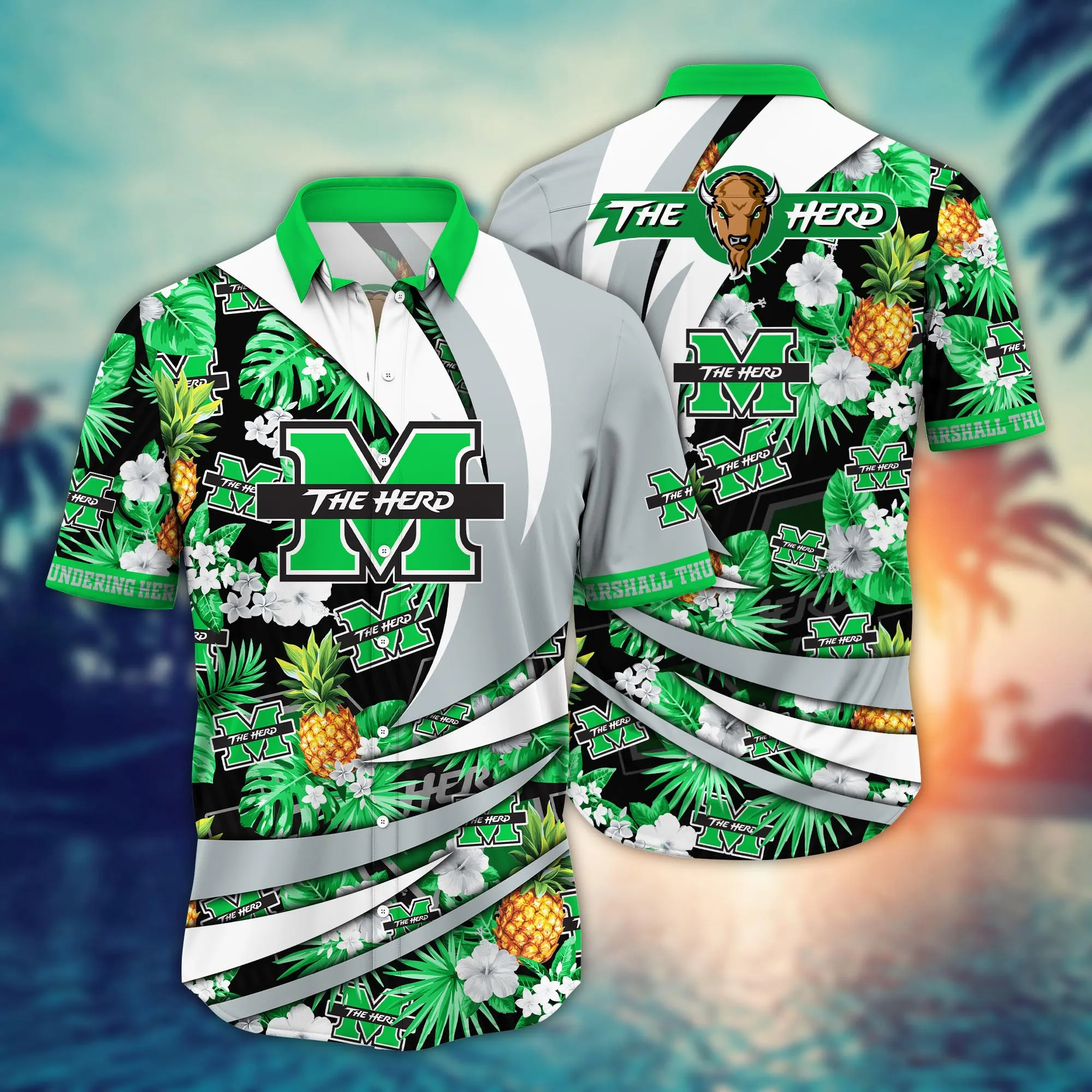 Marshall Thundering Herd NCAA Hawaiian Shirt Warm Nights Aloha Shirt Marshall Thundering Herd NCAA Hawaiian Shirt Warm Nights Aloha Shirt