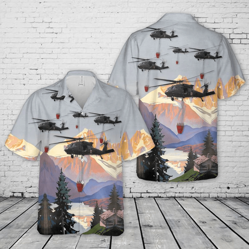 Massachusetts Army National Guard Blackhawk Helicopter With Forest Fire Trendy Hawaiian Shirt