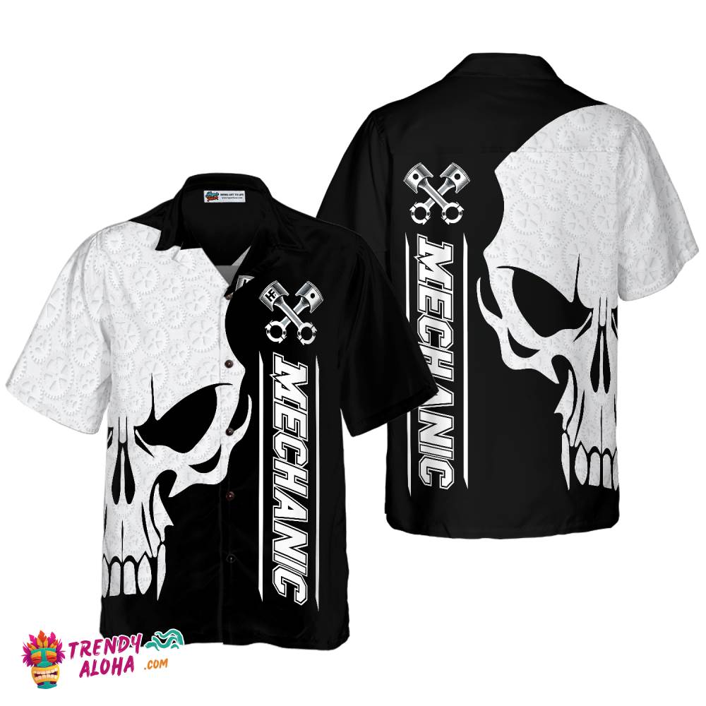 Mechanic Proud Skull Black White Hawaiian Shirt
