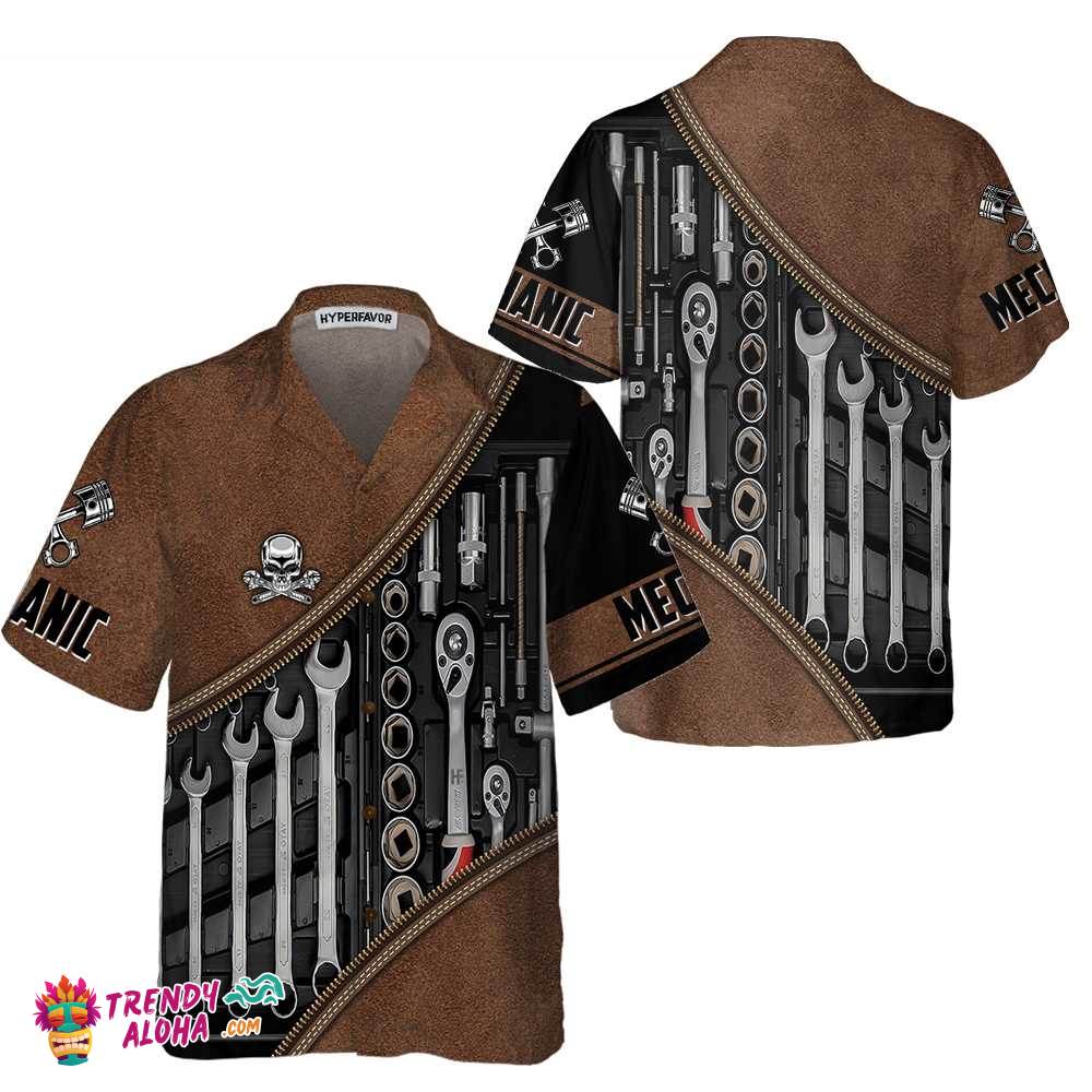 Mechanic Tools Skull Mechanic Hawaiian Shirt, Vintage Mechanic Shirt For Men, Cool Mechanic Gift