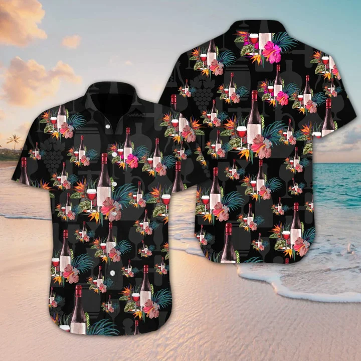 Men’s Hawaiian Shirt Shows Elegant Night Wine Flower