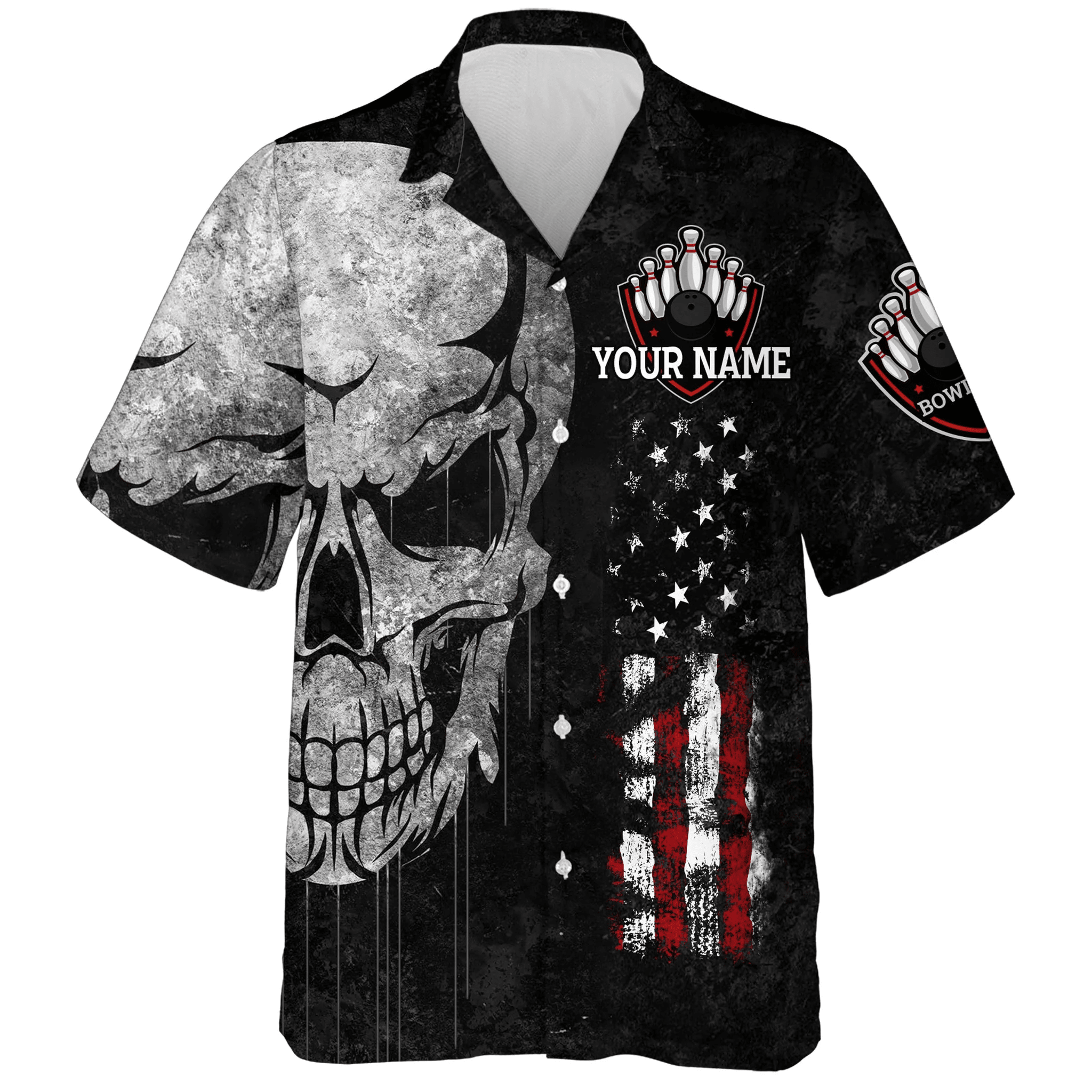 Men Women Skull Hawaiian Bowling Shirt, Patriotic Custom Name Black Bowlers Jersey American Flag