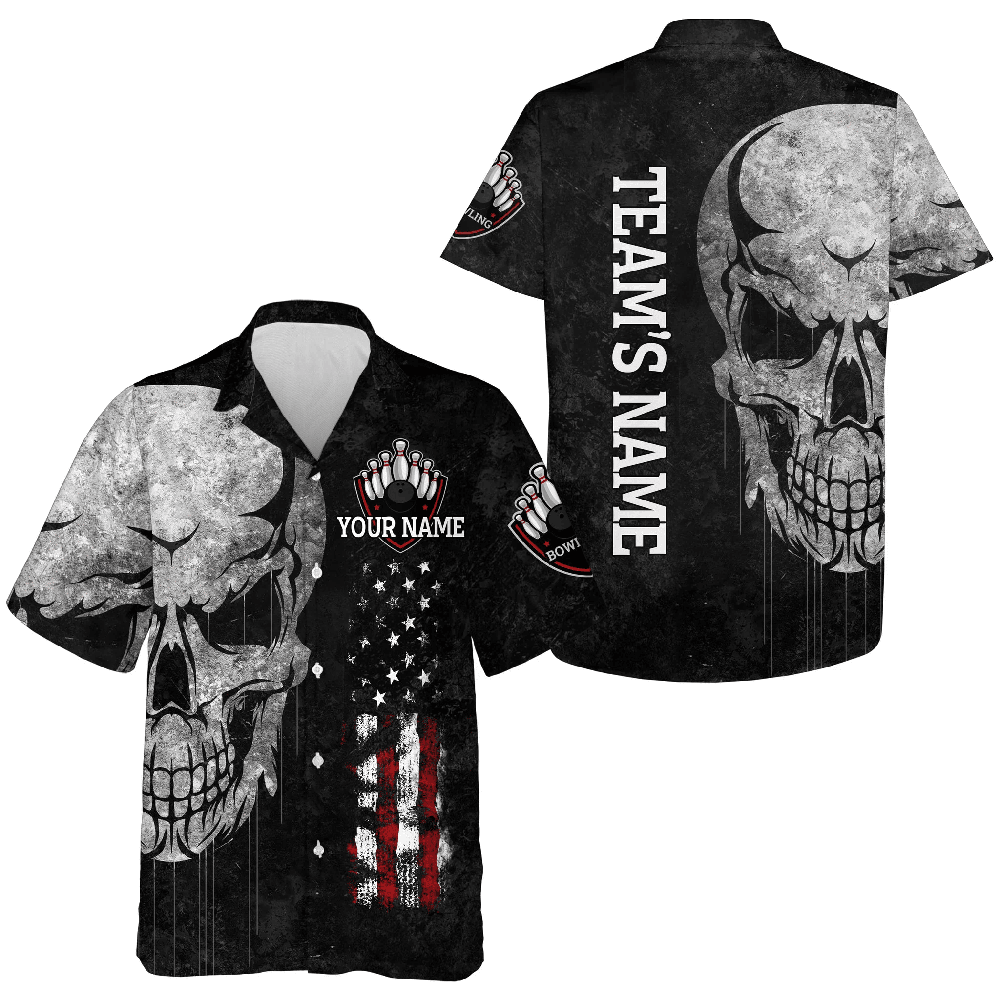 Men Women Skull Hawaiian Bowling Shirt, Patriotic Custom Name Black Bowlers Jersey American Flag Men Women Skull Hawaiian Bowling Shirt, Patriotic Custom Name Black Bowlers Jersey American Flag