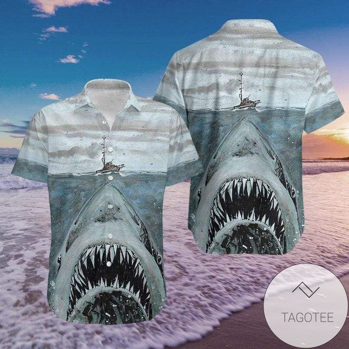 Menacing Shark Jaws From the Ocean Depths on Hawaiian Shirt