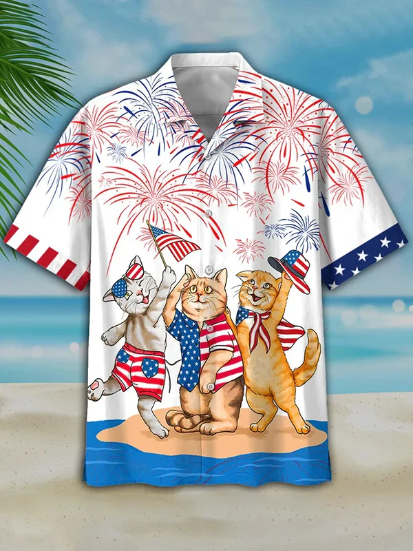 Men’s 4Th Of July Cat Trendy Hawaiian Shirt Independence Day Trendy Hawaiian Shirt, Usa Patriotic Trendy Hawaiian Shirt