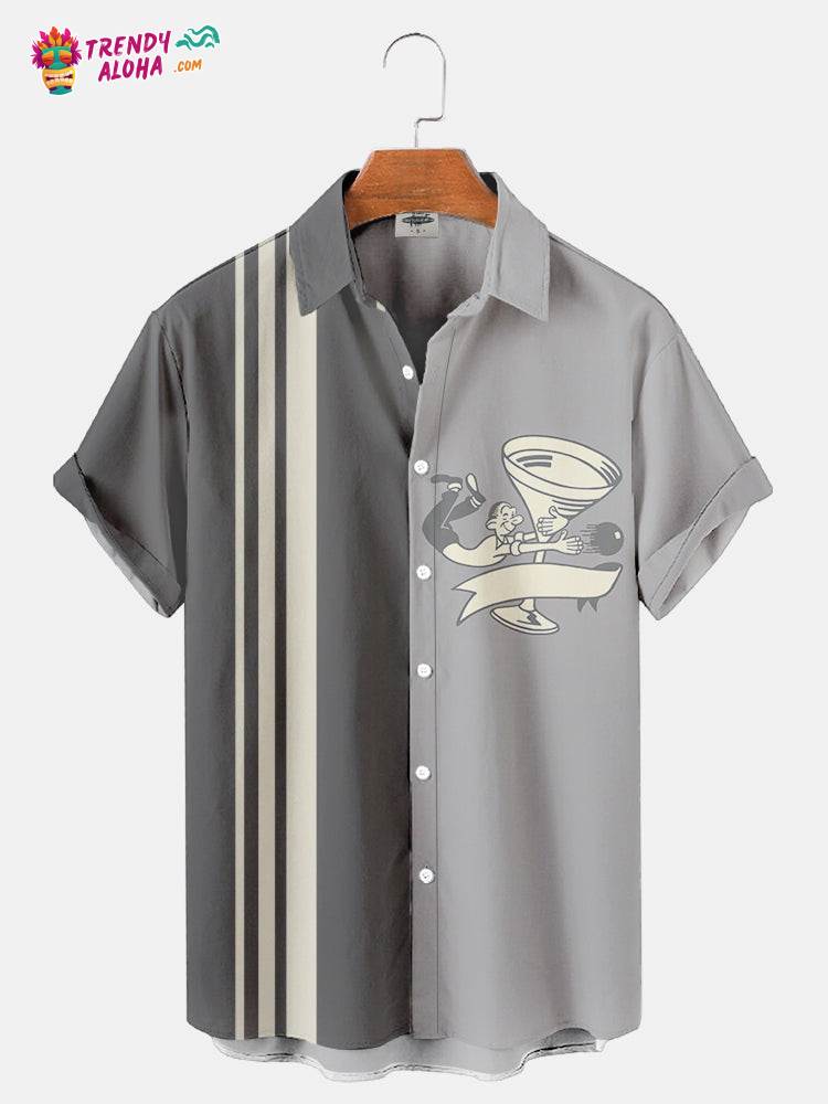Men’s 50S Retro Bowling Geometric Wine Glasses Print Trendy Aloha Shirt