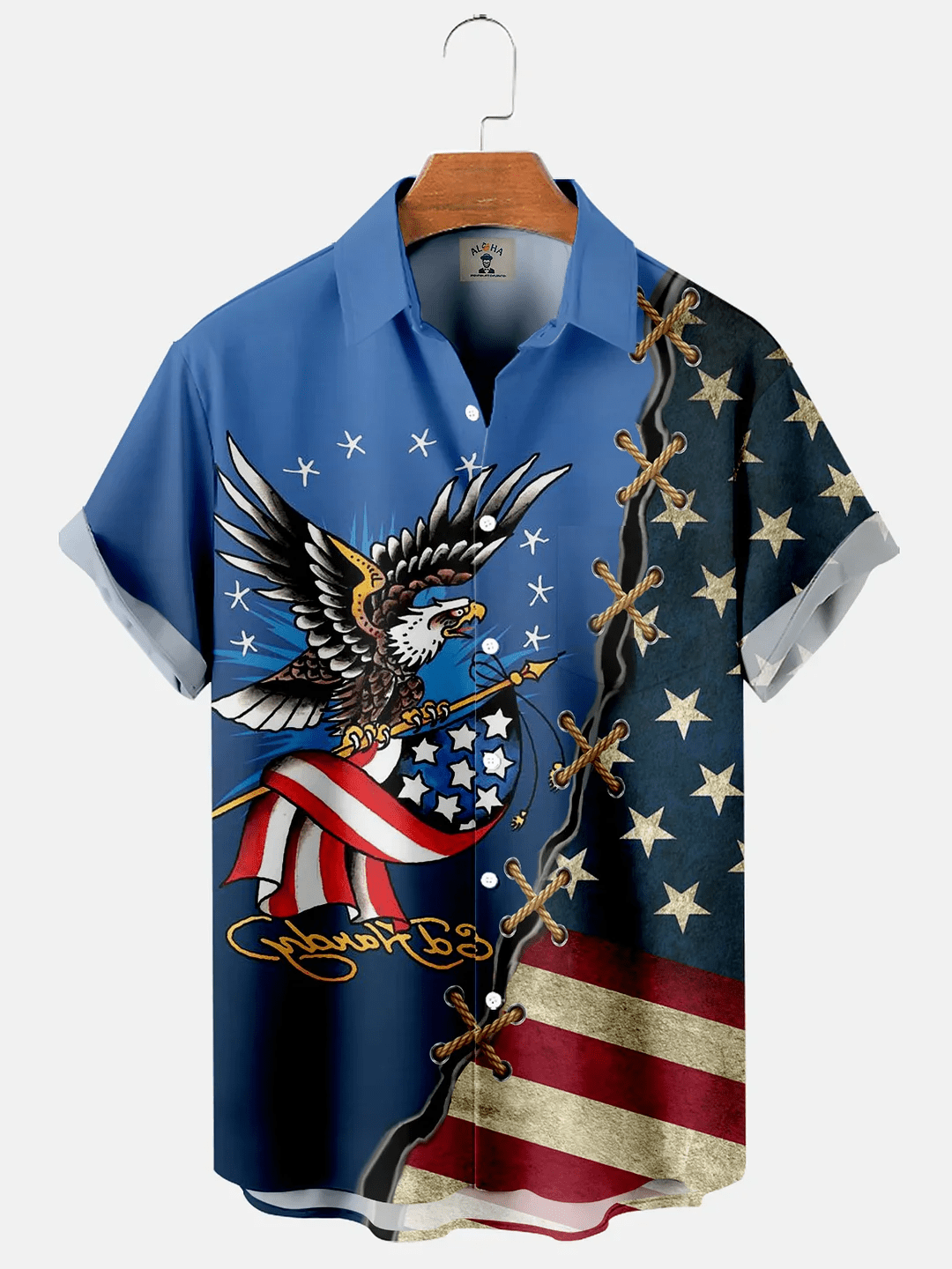 Men’s American Flag And Eagle Panel Print Short Sleeve Shirt, 4Th Of July Trendy Hawaiian Shirt For Men