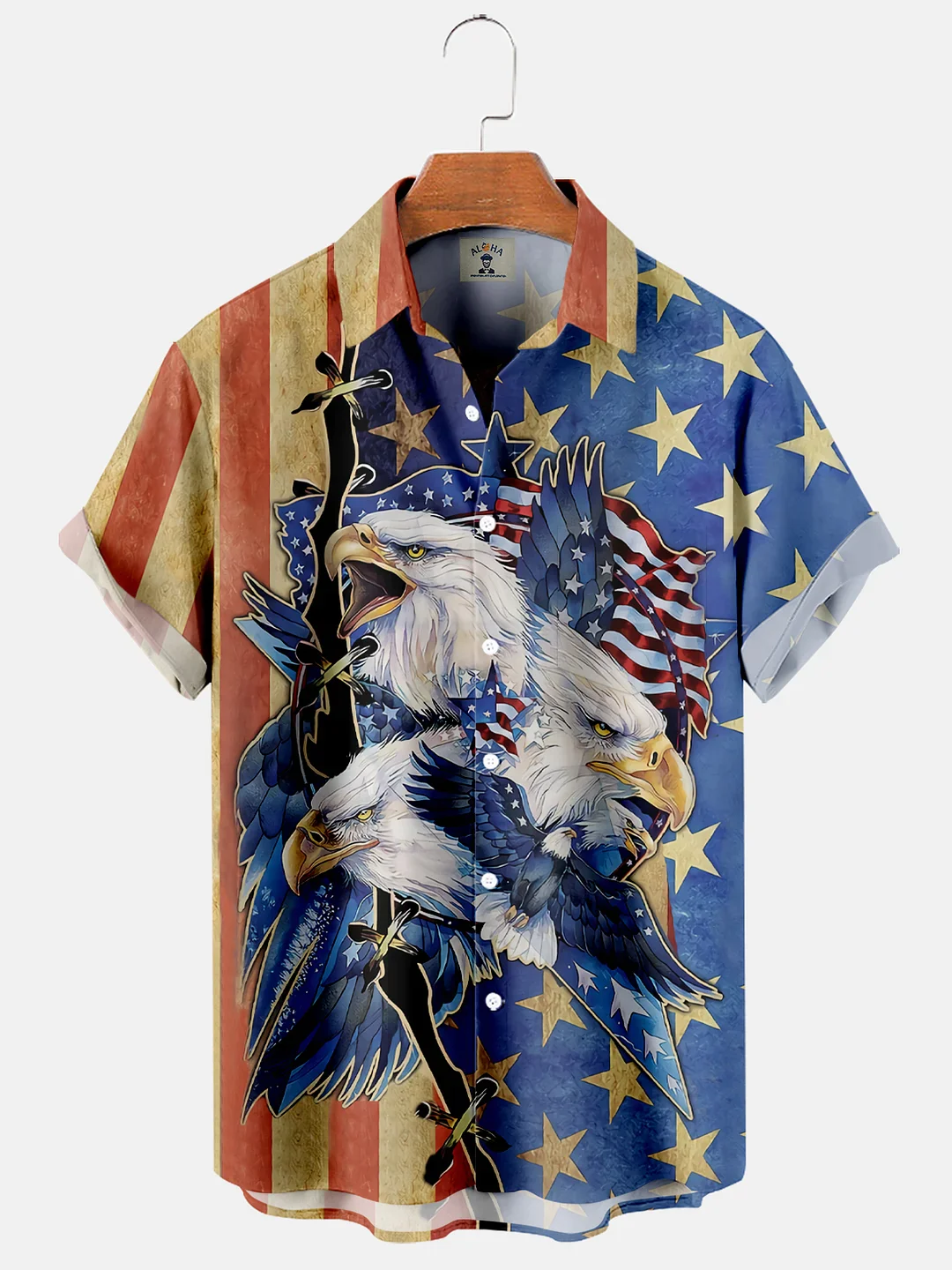 Men’s American Flag And Eagle Print Short Sleeve Trendy Hawaiian Shirt, 4Th Of July Trendy Hawaiian Shirt For Men