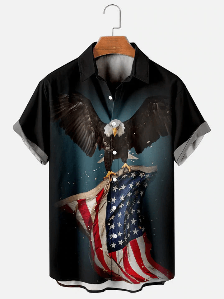 Men’s American Flag Eagle Print Collar Trendy Hawaiian Shirt, 4Th Of July Men’s Short Sleeve Patriotic Shirt