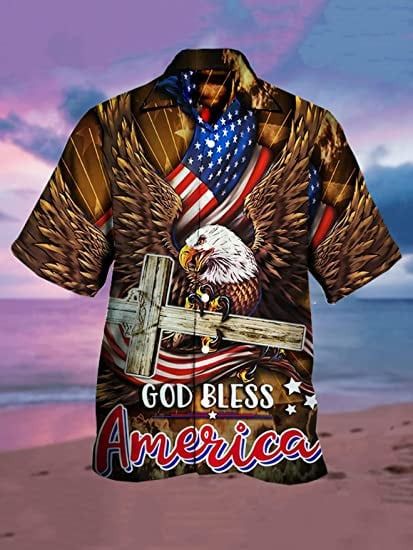 Men’s American Flag Print Shirt Summer Short Holiday Beach Aloha Shirts, 4Th Of July Trendy Hawaiian Shirt