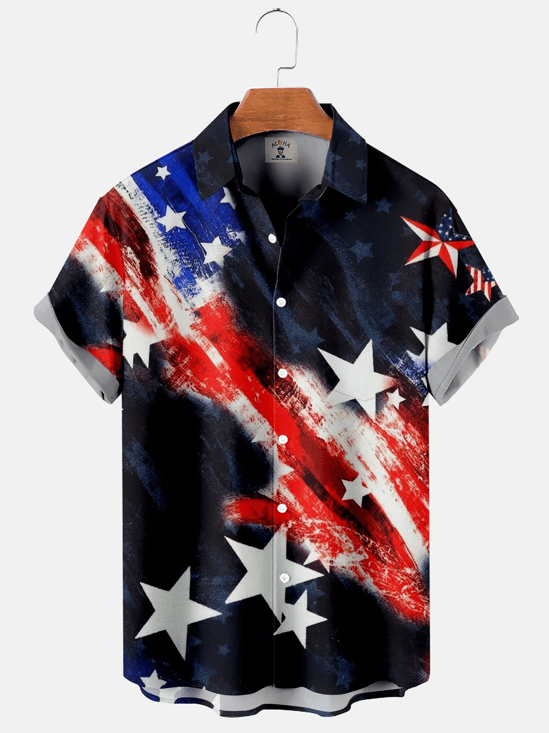 Men’s American Flag Star Print Short Sleeve Trendy Hawaiian Shirt, 4Th Of July Trendy Hawaiian Shirt