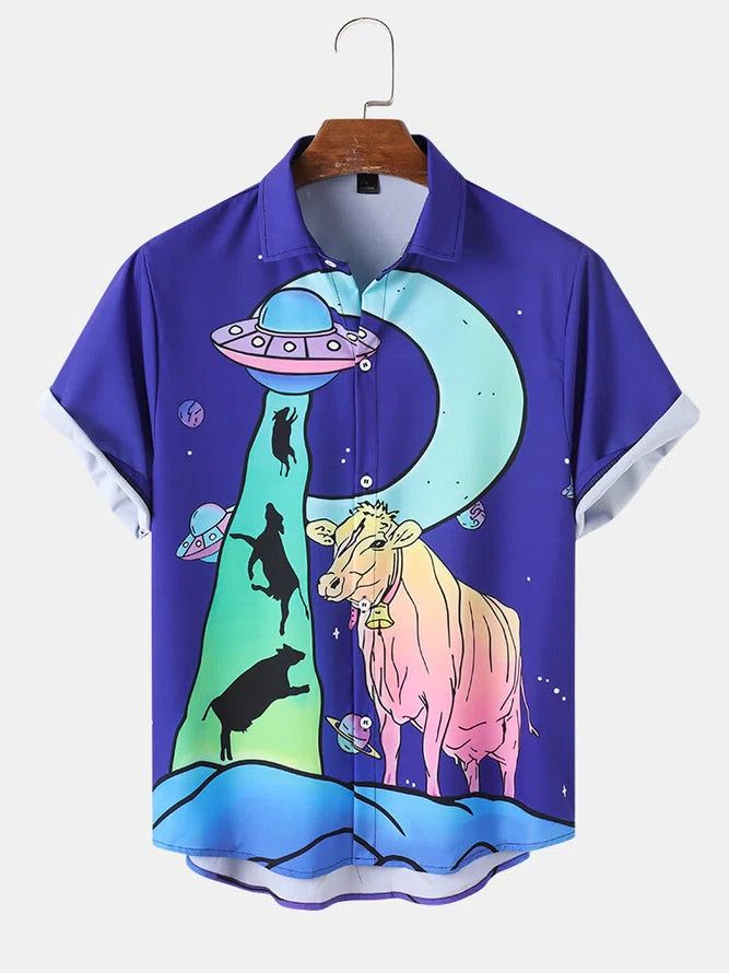Mens Cartoon Ufo & Sheep Print Short Sleeve Hawaiian Shirt