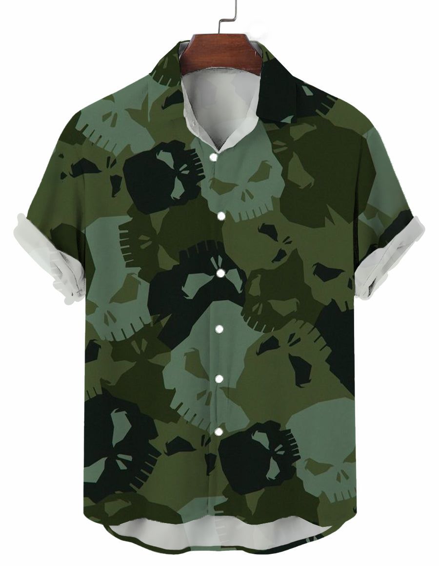 Men’s Casual Camouflage Skull Pattern Print Short Sleeve Shirt Button Down Shirt