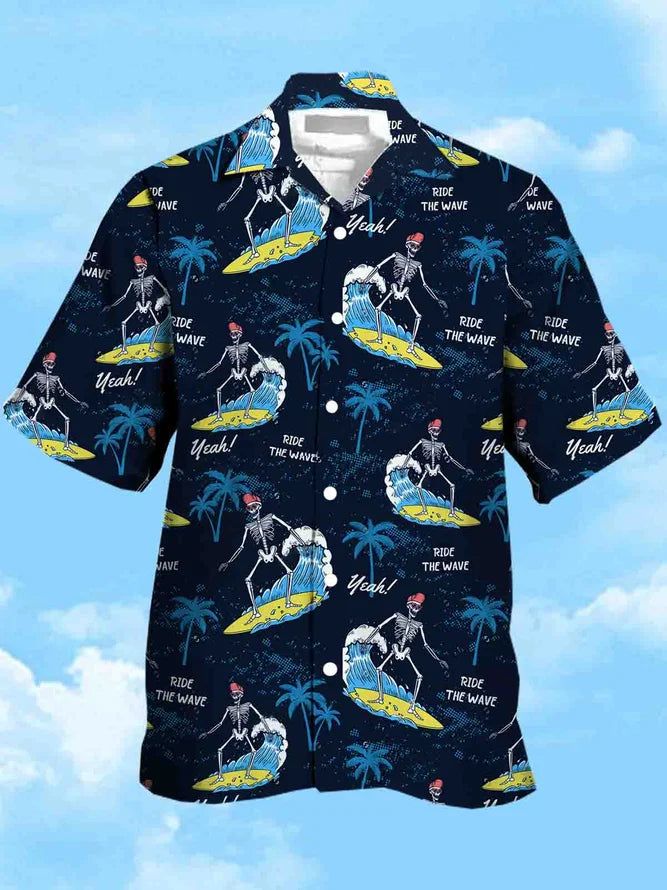 Men’s Coconut Tree Print Casual Moisture Absorbent Breathable Fabric Hawaiian Short Sleeve Shirt