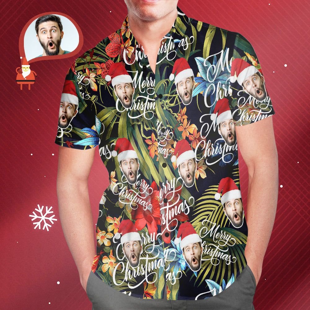 Men’s Custom Face Merry Christmas All Over Print Fun Christmas Hawaiian Shirts Gift For Men Men’s Custom Face Merry Christmas All Over Print Fun Christmas Hawaiian Shirts Gift For Men